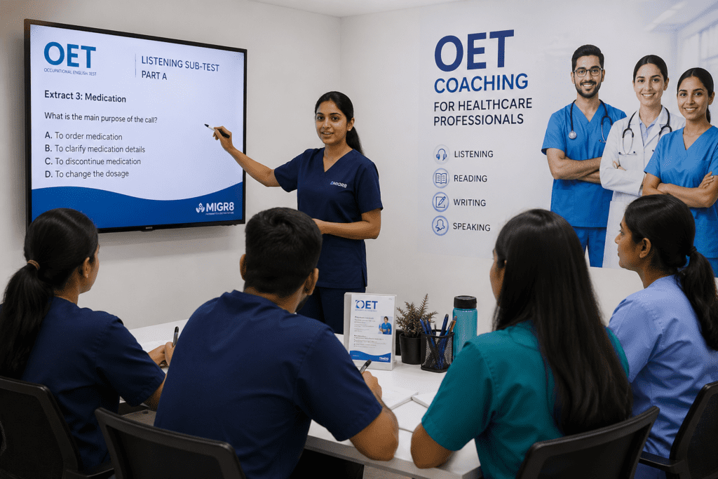 OET coaching in Delhi with healthcare professionals attending training session at Migr8 institute