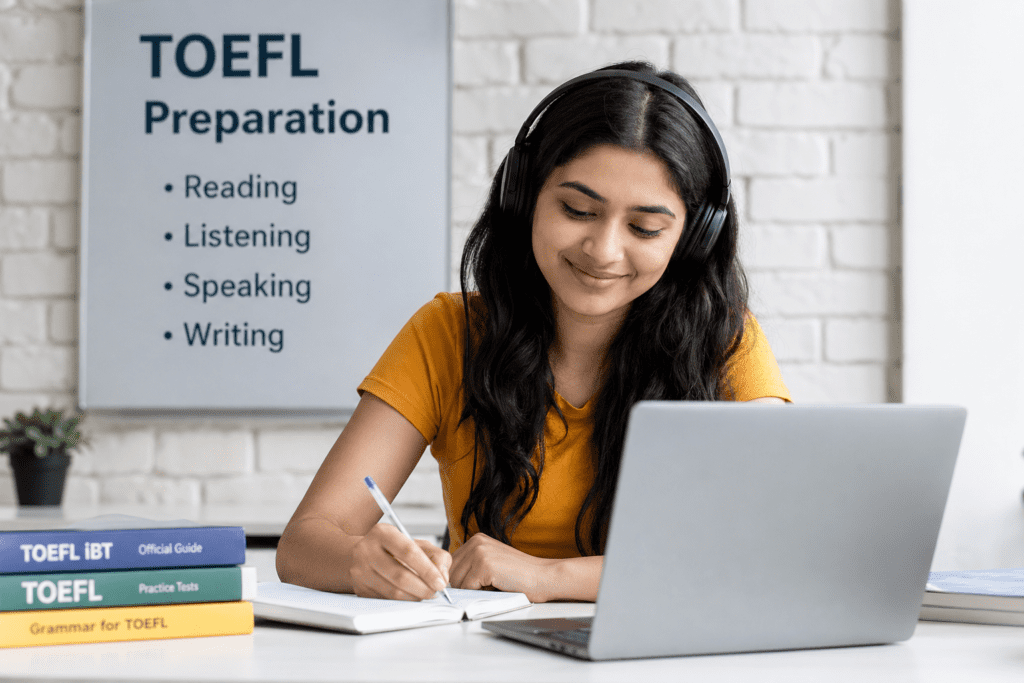 Student preparing for TOEFL exam with laptop and notes at a TOEFL Coaching Institute in Delhi by Migr8