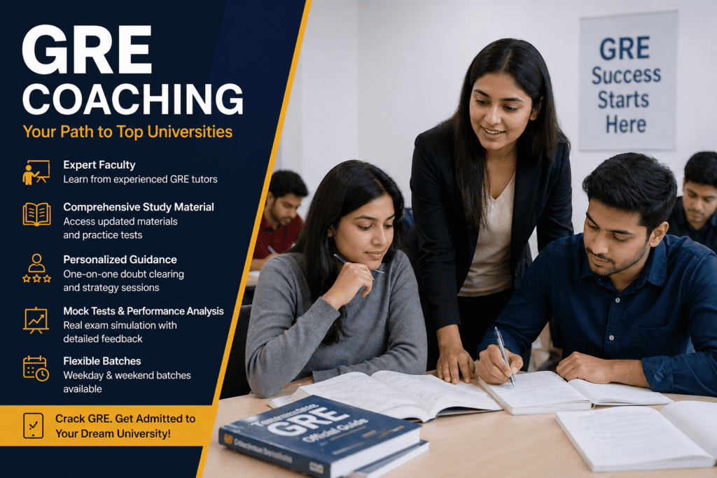 Students attending GRE coaching class with expert trainer guidance in a professional institute, preparing for exam with study materials and practice tests