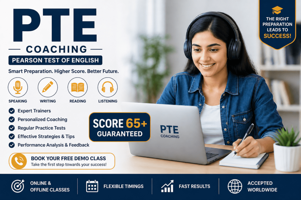Student preparing for PTE exam with laptop and headphones at a professional PTE Coaching Institute with expert guidance and mock test training