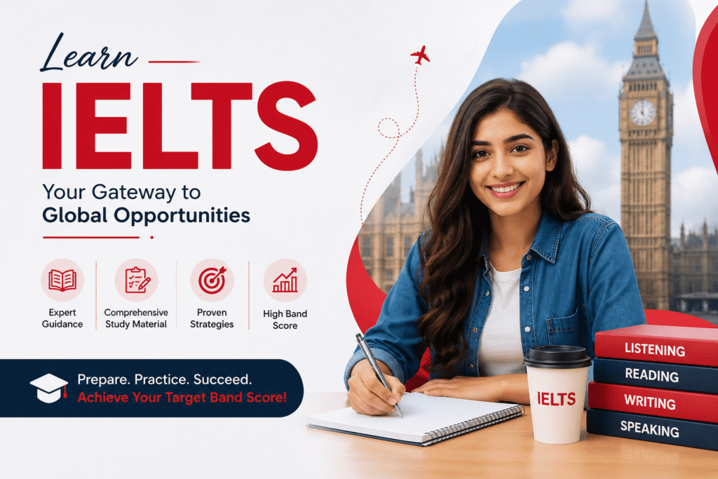 Learn IELTS for study abroad with student, books, and global opportunities concept